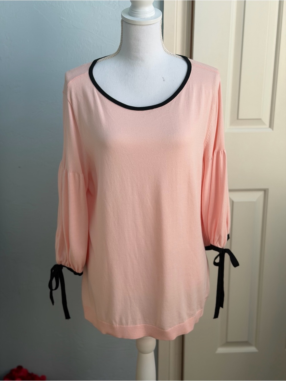 Talbots Peach Blouse with Black Trim and Sleeve Ties